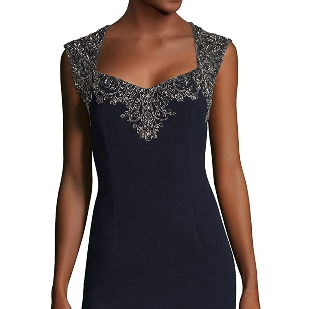 Adrianna Papell Long Beaded Special Occasion Dress in Midnight Navy